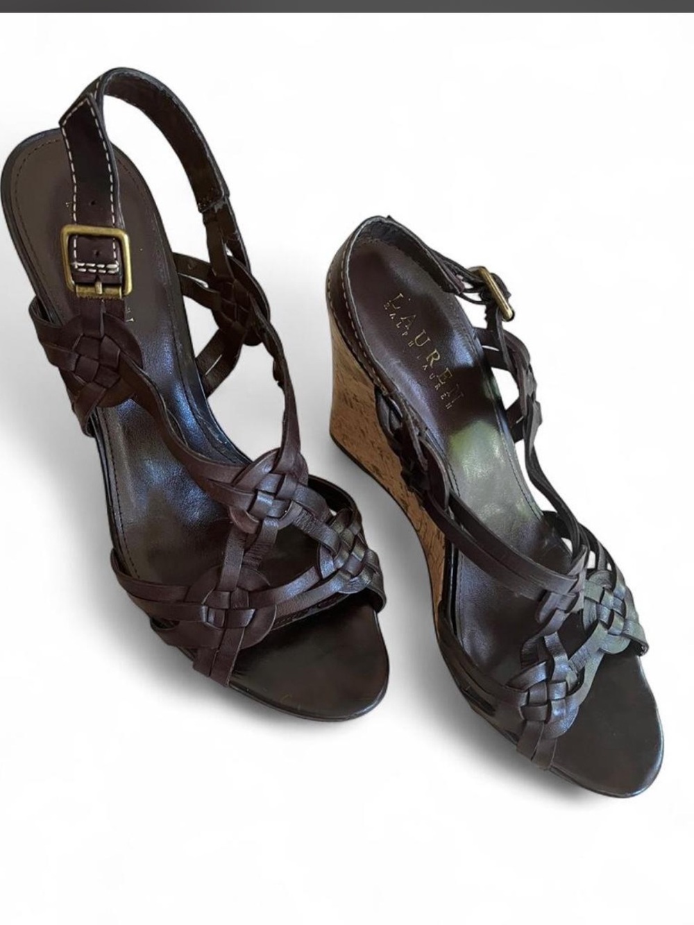 Ralph Lauren Dark Brown Woven Leather Cork Wedge Sandals